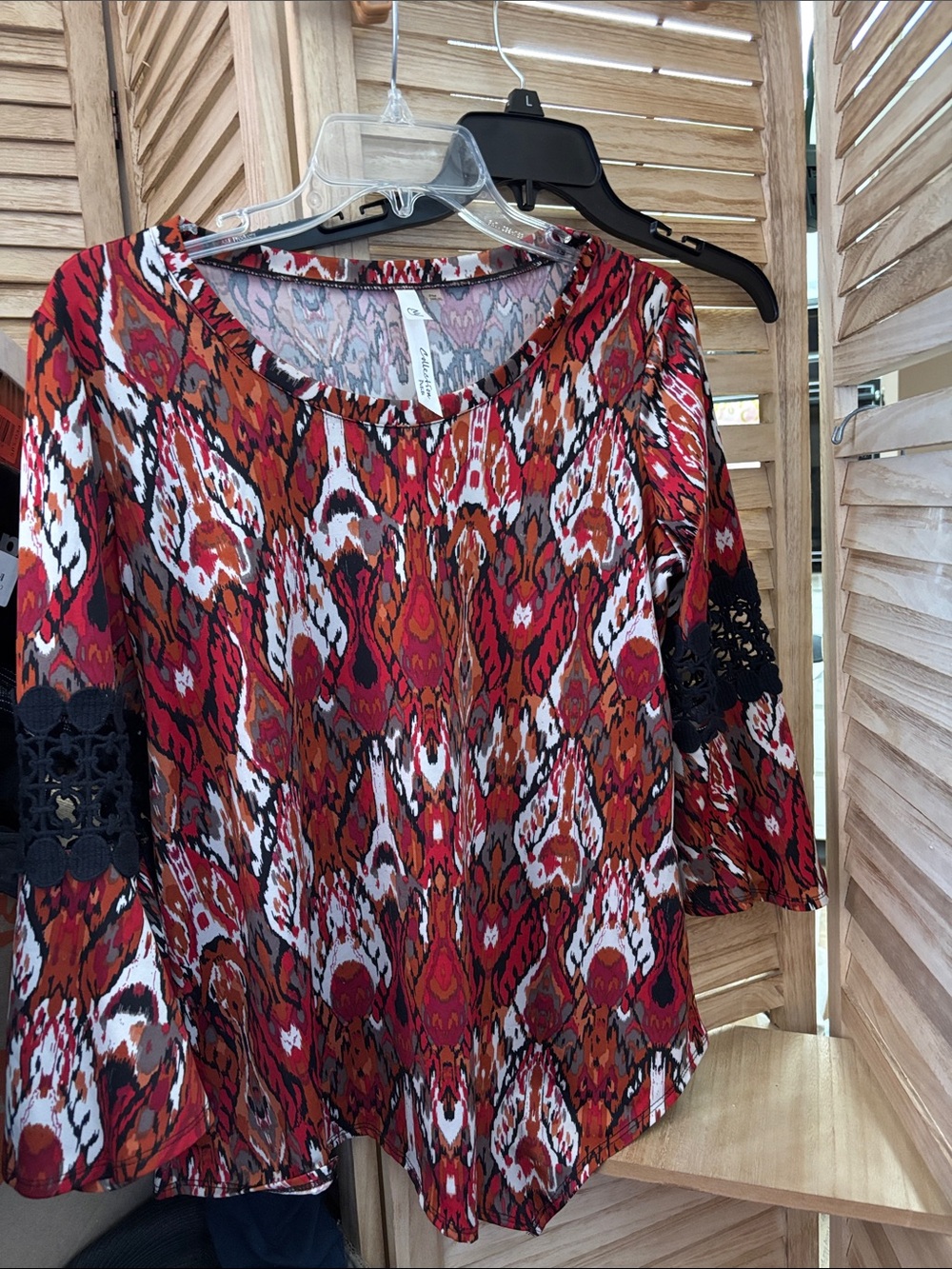 NY Collection Red Multi-Pattern Tunic with Black Lace Accent Medium Petite